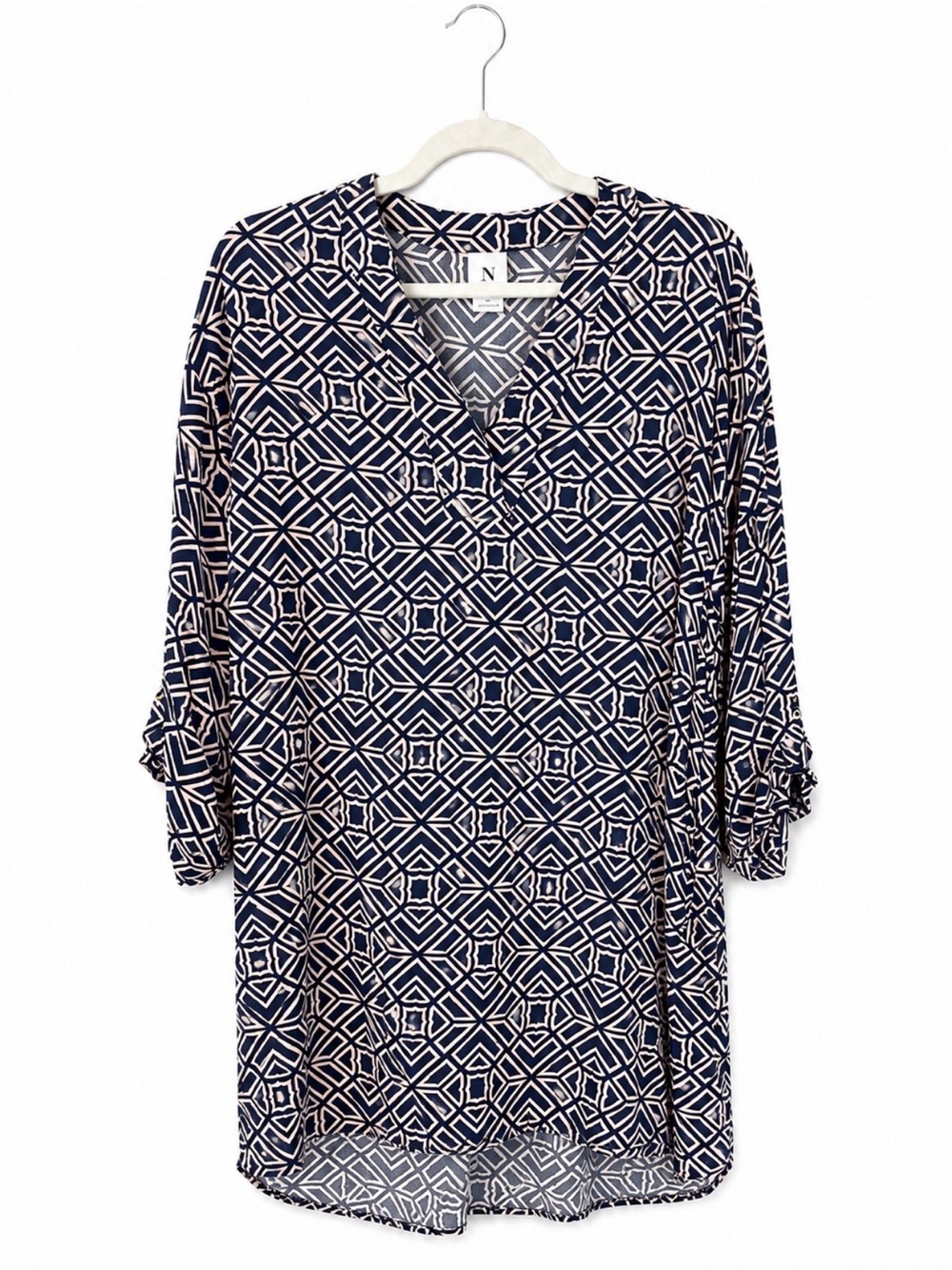 Natori Navy and White Geometric V-Neck Tunic